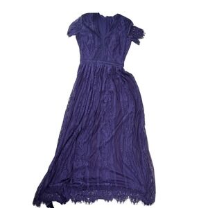 Purple Floral Lace Maxi Dress V-Neck Crochet Trim Short‎ Sleeve Evening Gown S